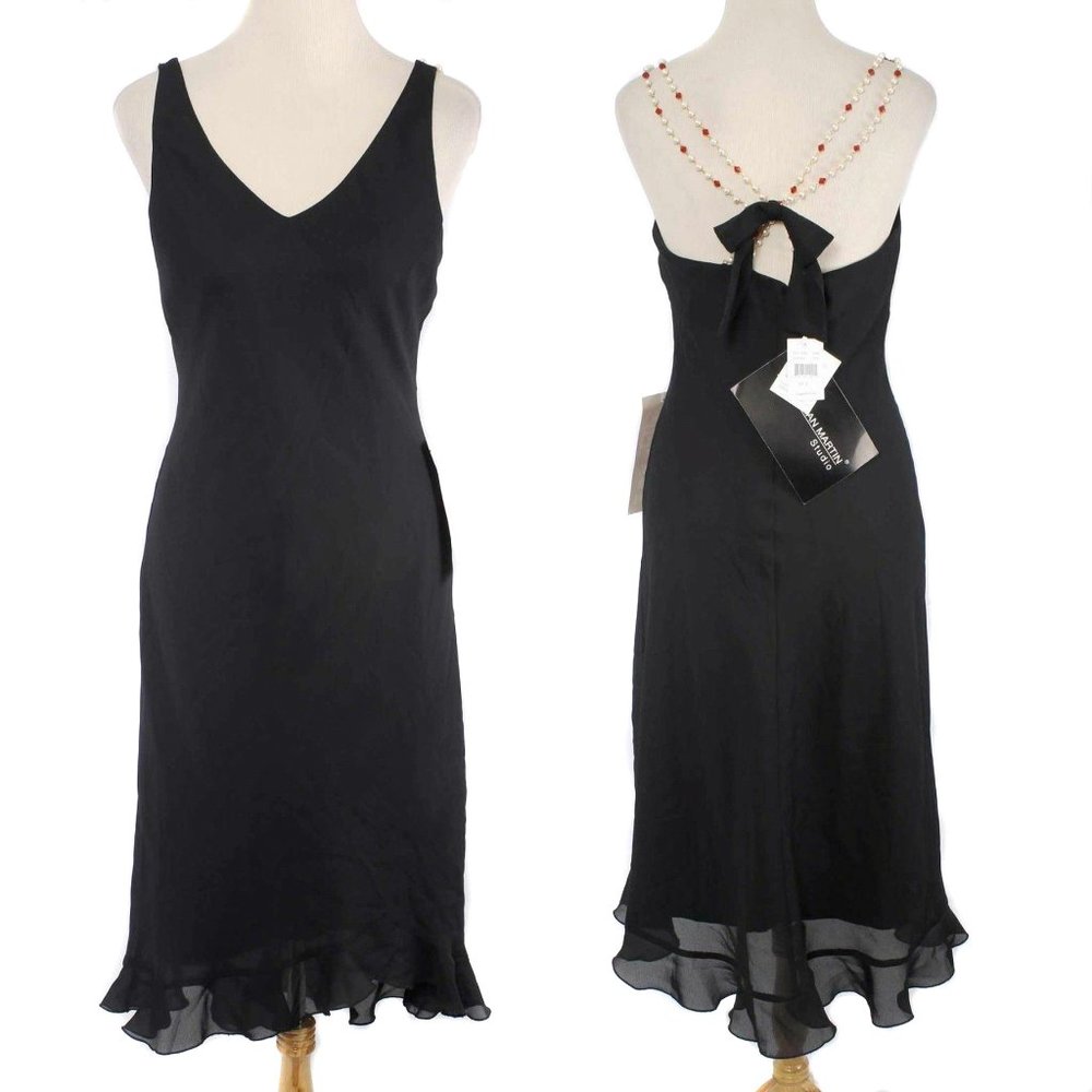 JONATHAN MARTIN Black Beaded Strap Ruffle Hem Sheath Cocktail Dress NWT Size 6